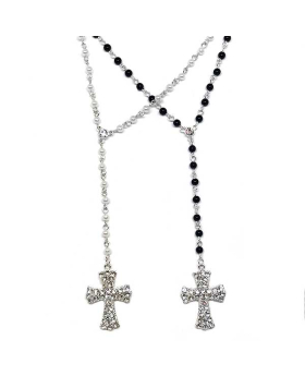 Rhinestone cross with pearl or black bead chain Rosary