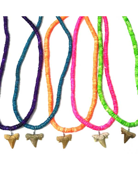 Assorted neon Heishi necklace with shark tooth