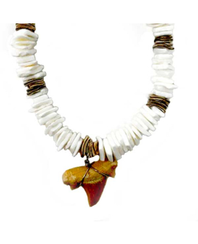 Shark Tooth White Chip Shell Wood Bead Necklace
