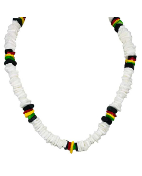 18 inch white chip shell with black/green/yellow and red accent chip necklace