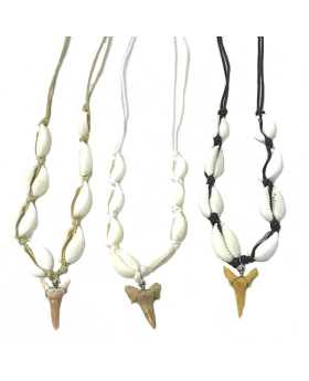 Cowrie and Shark Tooth Choker with chain clasp on assorted cord