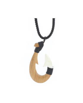 Carved Bone Wood Fish Hook Woven Necklace