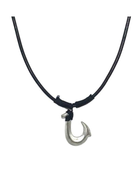 18 inch Pewter Fish Hook on black leather cord necklace