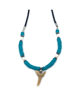 Linen with blue heishi shell and pearl, hematite accent with tooth necklace