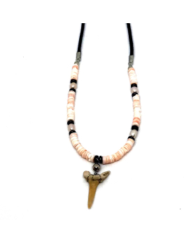 Linen with pink heishi shell and pearl, hematite accent with tooth necklace