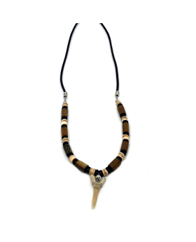 2mm leather with wood, coco and heishi rose shell accent  and tooth necklace