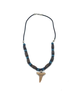 2mm leather with wood and heishi blue clam and black coco accent with tooth necklace