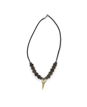 2mm leather with 10-11mm coco and grey wood accents and tooth necklace