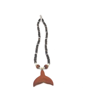 Brown and white coco with wood Whale tail necklace