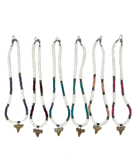 White and bright shell beads with Hematite and Shark Tooth Necklace