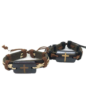 Wood and Leather mens cross bracelet