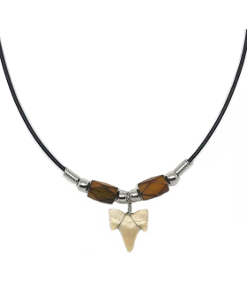 Shark tooth with brown beads on black leather cord necklace