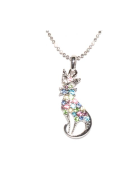 Sitting Cat with Multi Rhinestones Necklace