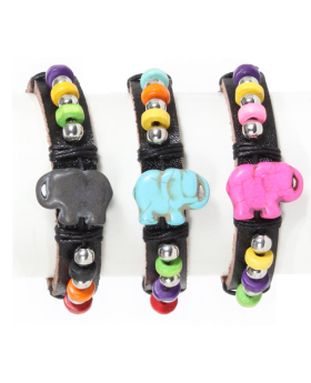 Assorted Color Elephant Bead Leather Bracelet