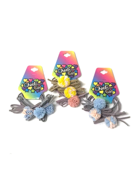 3 assorted pom pom ponytail holders - 3 per card