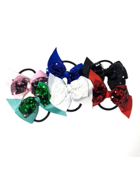 Ribbon and Sequin bow ponytail holder - 6 assorted colors - 1 per card