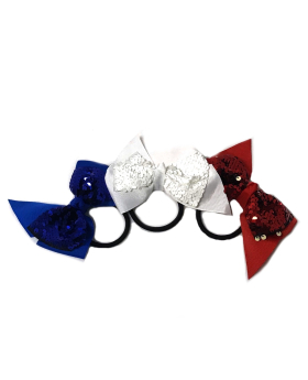 Red/White/blue assorted ribbon and Sequin bow ponytail holder - 1 per card
