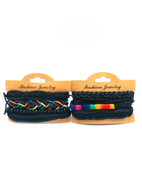2 Assorted black leather wrap bracelets with multicolor cord