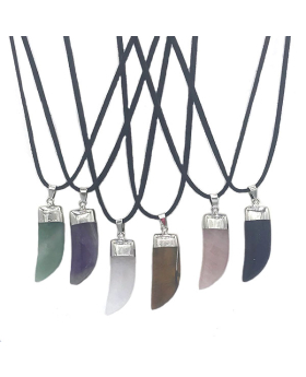 6 Assorted Horn shaped stone Pendant necklace with silver findings on black cord