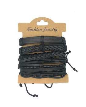 6 Assorted black leather Bracelets on card