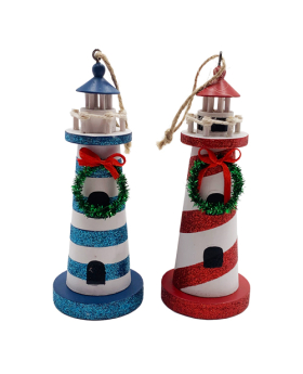 2 Assorted Wood Lighthouse with Wreath Ornaments