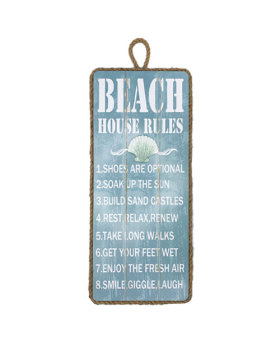 Wood and Rope Beach Rules sign with resign shell
