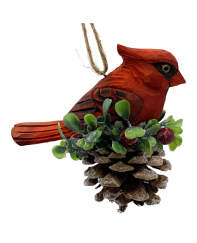 Wood Cardinal and Pine Cone Ornament