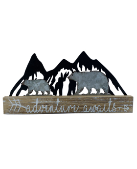 Wood and Metal Bears in Mountains Adventure Sign