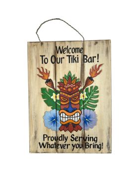 Wood slat Tiki Bar now Serving sign
