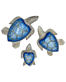 Set of 3 Gold and Blue Wood Turtles