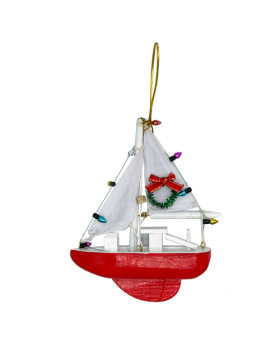 Wood Sailboat with Wreath and Lights Ornament
