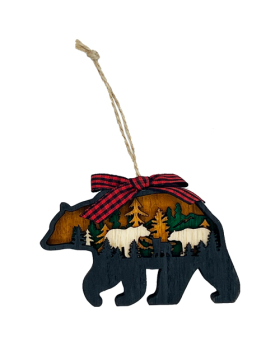 Wood multiple layer Bear Ornament with ribbon