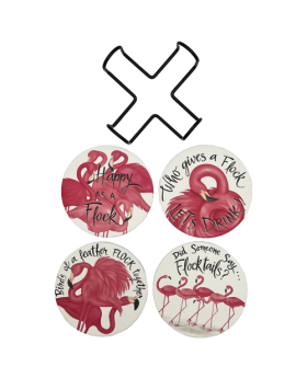 Set of 4 Flamingo Theme absorbent Stone Coasters with Stand