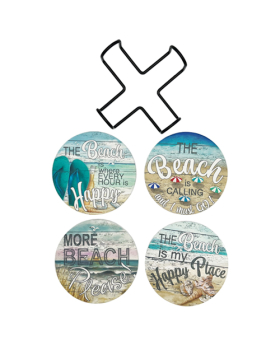 Set of 4 Beach Theme absorbent Stone Coasters with Stand