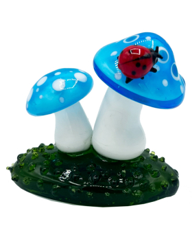 Double Blue Glass Mushrooms with Ladybug