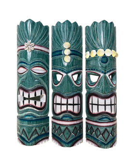 3 Asst Wood Blue Tiki Masks with Shell Decoration