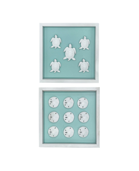 2 Asst White/Aquq Shadow Boxes- Turtle/Sand Dollar