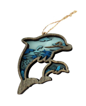 Wood multi layer Dolphin and Baby Ornament