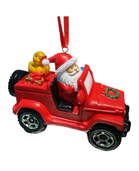 Resin Santa in jeep with duck ornament