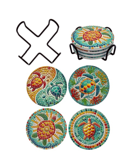 Set of 4 Pebble Turtle Absorb Stone Coasters with Stand