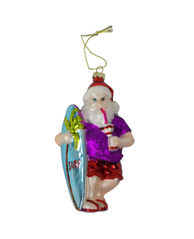 Special Price Blown Glass Santa with Surfboard and Drink Christmas Ornament