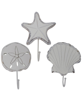 Wood/Whitewash 3 asst. Shell Theme Wall Hooks