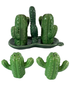 Ceramic Cactus Salt and Pepper set with holder