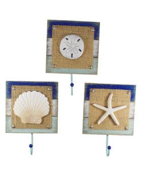 Special Price 3 Assorted Wood/Burlap/Metal Seashell Wall Hooks
