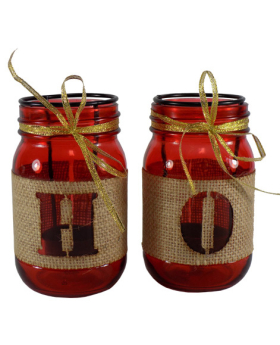 Special Price  Set of 2 H & O Red Mason Jar Candle Holders Christmas Decoration