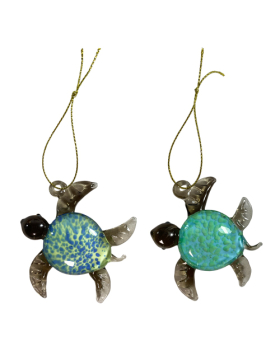 2 Assorted Glass Turtle Christmas Ornaments