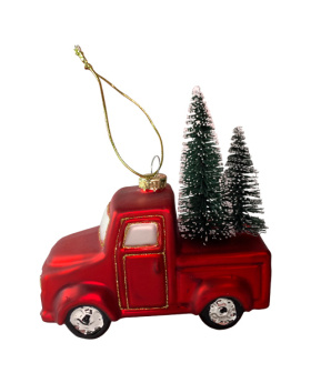 Blown glass red pickup w/tree ornament