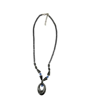 Hematite oval pendant with Hematite and blue Genuine stone beaded Necklace