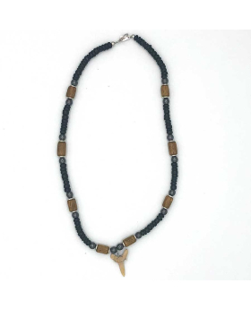 Shark Tooth with large beads wood spacer balls and Hematite Necklace