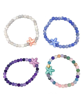 Assorted cracked Agate elastic bracelet with ceramic Starfish bead
